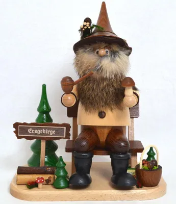 Produktbild von Rauchfigur Wichtel Pilzsammler auf Bank 21x13x27 (BxTxH)