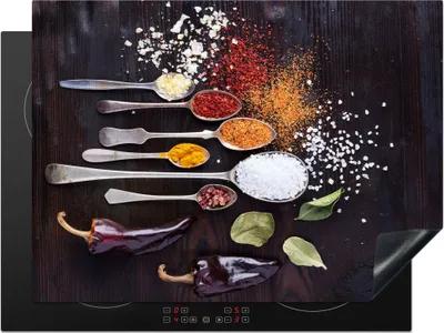Produktbild von KitchenYeah© Herdabdeckplatte Kräuter - Löffel - Gewürze - Industrie , 70x52cm, Küche Deko, Glaskeramikkochfeld Herdabdeckung, Abdeckplatte fùr Kochfeld