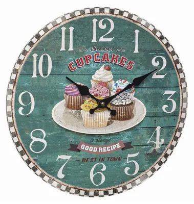 A vintage-style analog wall clock featuring a decorative face with cupcakes and numbers.