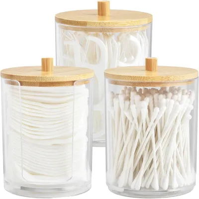 Immagine prodotto di Set di 3 contenitori in acrilico per Cotone fioc, con coperchio in bambù, impilabili, trasparenti