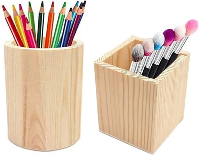 Produktbild von 2 Holz Stiftehalter, rund und quadratisch, Schreibtisch, Aufbewahrung für Stifte