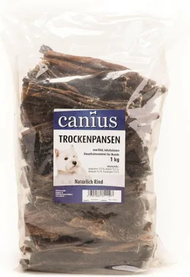A clear plastic bag filled with dried dog treats, with a product label attached.