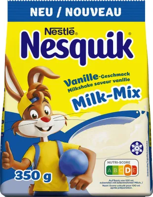 A product package for Nesquik milk mix with vanilla flavor.