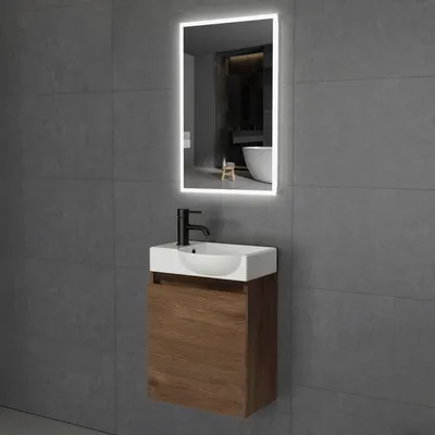 Produktbild von Alpenberger Waschbecken mit Unterschrank Gäste WC 45 cm LED Spiegel Kleiner Waschtisch mit Unterschrank hängend & LED Spiegel 45x70 cm Touch: Keramik, MDF, Soft-Close Tür, Überlauf – Gäste WC