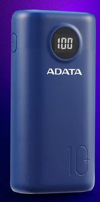 Produktbild von ADATA P10000QCD, 10000 mAh, Lithium-Ion (Li-Ion), Quick Charge 3.0, Blau