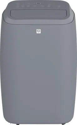 A front view of a gray portable air conditioner.