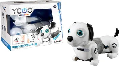 A product shot of a toy robot dog and its packaging.