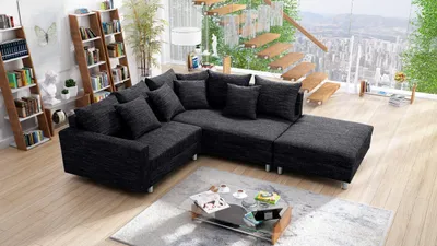Produktbild von Wohnlandschaft Sofa Couch Ecksofa Eckcouch Gewebestoff schwarz + Hocker Minsk R