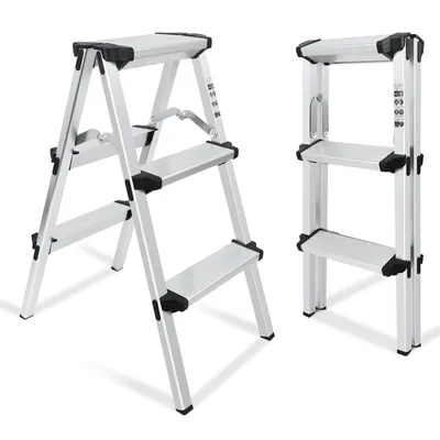 Produktbild von Klappleiter 3 Stufen, Alu Klapptritt, Trittleiter Anti-Rutsch Klappbar, Tragfähigkeit 150 kg, MK-Step03