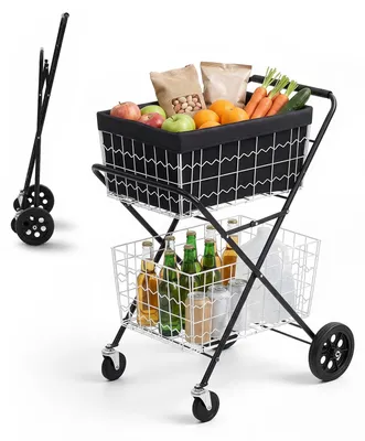 Produktbild von VEVOR Einkaufstrolley 2-Stöckig Einkaufswagen Faltbar mit 40kg Tragkraft, Stahlgestell, 64L Kapazität, Mit 2 Abnehmbaren Warenkörben & 4 Rollen, 2-in-1 Transportwagen für Haushalt Supermarkt Lager