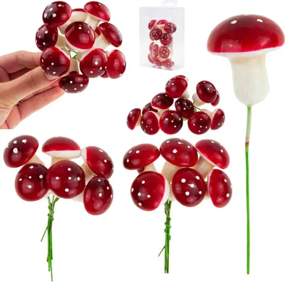 A collage of artificial mushrooms, some held in a hand, others arranged in bouquets, and one on a stem, all against a white background.