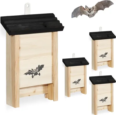 Image de Relaxdays - Niche pour chauves-souris, lot de 4, abri pour chauves-souris, bois non traité, dimensions intérieures 25 x 18 x 6 cm, naturel/noir