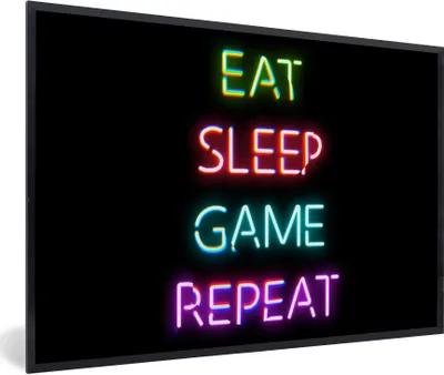 Produktbild von MuchoWow® Gerahmtes Poster Gaming - Led - Zitat - Eat sleep game repeat - Gaming 90x60 cm - Poster mit Schwarzem Bilderrahmen Wandposter Rahmen Foto Bilder - Fotorahmen - Foto-Plakat