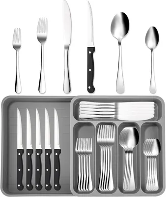 Image de Service de couverts 36 pièces, pour 12 personnes, en acier inoxydable, finition brillante, compatible lave-vaisselle, pour une utilisation à la maison