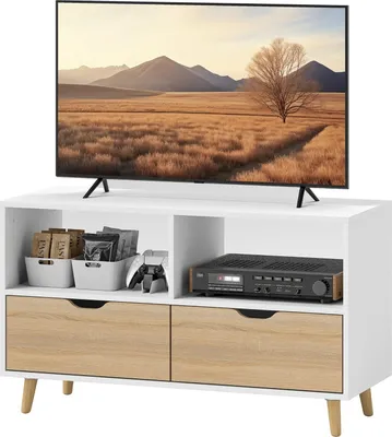 Zdjęcie produktu dla Szafka RTV niska z 2 półkami, szuflada, długość 99 cm Stolik RTV pod telewizor, Szafka TV do salonu, biała
