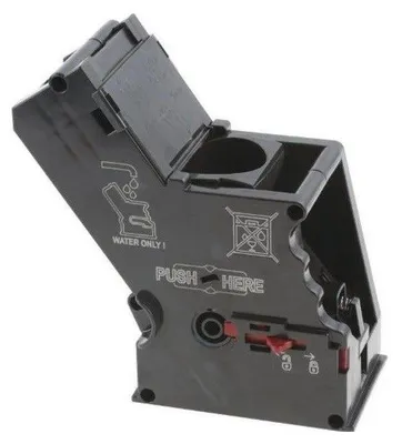 A black plastic component with text and symbols.