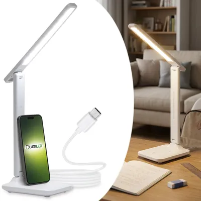 Obrázek produktu pro LED stolní lampa LUMILED VELA, 7W, 300 lm, stmívatelná, s USB-C nabíječkou pro mobilní telefon, bílá. LED stolní lampa s 3 barevnými teplotami (3000K/4500K/6500K), dotykové ovládání, nastavitelný rameno, vhodná do kanceláře a pro studium