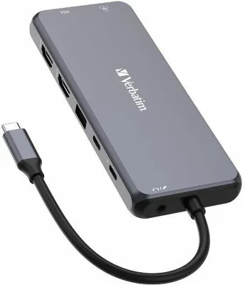 Zdjęcie produktu dla Verbatim 16105448, USB Type-C, HDMI, VGA, RJ-45, USB 2.0, USB 3.2 Gen 1 (3.1 Gen 1) Type-A, USB 3.2 Gen 1 (3.1 Gen 1) Type-C, 3.5mm, SD, MicroSD (TransFlash), Szary, 85 W, 0,201 m