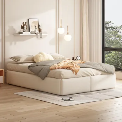 Obrázok produktu pre Postel Merax 140x200 cm, čalúnená, detská posteľ/platformová posteľ s hydraulickým úložným priestorom, 2 zásuvky, posteľ bez čela, posteľ pre mládež, dvojlôžko, biela