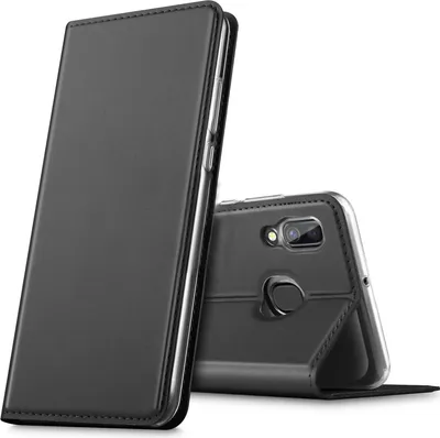 A black flip case for a smartphone is shown, with the phone inside and partially open.