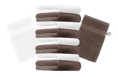 Produktbild von Betz 10 Stück Waschhandschuhe 16x21 cm PREMIUM 100% Baumwolle  Farbe: nussbraun und weiß