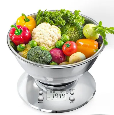 Produktbild von Digitale Küchenwaage 5kg mit Edelstahlschüssel, 1g Genauigkeit, LCD, Tara & Timer – Backwaage & Diätwaage für Gramm, Unzen & kg