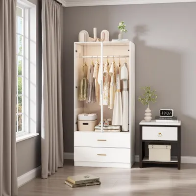 Obrázek produktu pro UnboxG Bílá skříň 80x50x175 cm – LED skleněná přední strana, 1 tyč na ramínka a 2 zásuvky, velký úložný prostor, šatní skříň do ložnice