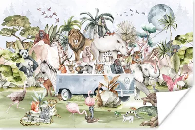 Produktbild von MuchoWow® Poster Dschungel - Bus - Tiere - Kinder - Pflanzen 120x80 cm - Bilder