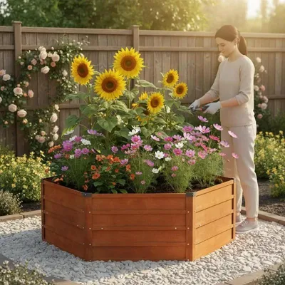 Produktbild von Garten Hochbeet - Hexagon Pflanzkasten - 129x129x45 cm - Stahl - Offener Boden - Gelb