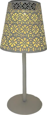 A white table lamp with a decorative, perforated shade.