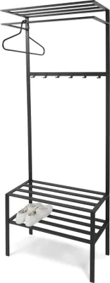 Spinder IVAR 2 Garderobe in Schwarz mit oberem Ablagerost, seitlichem Kleiderstab und unterem Schuhfach in Gesamtansicht.