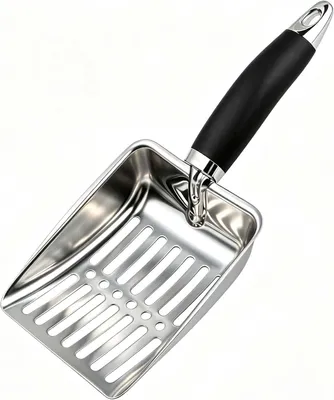 Zdjęcie produktu dla Łopatka do kuwety dla kota, wykonana ze stali nierdzewnej, z ergonomicznym uchwytem, o długości 26 cm, przeznaczona do użytku z żwirkiem dla kotów
