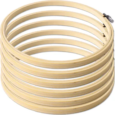 A stack of wooden embroidery hoops.