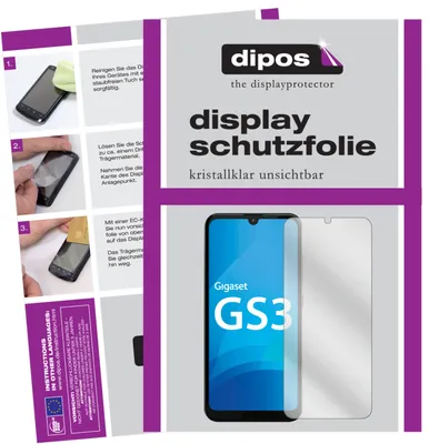 A collage showing instructions for applying a screen protector and a product shot of the screen protector with a phone.