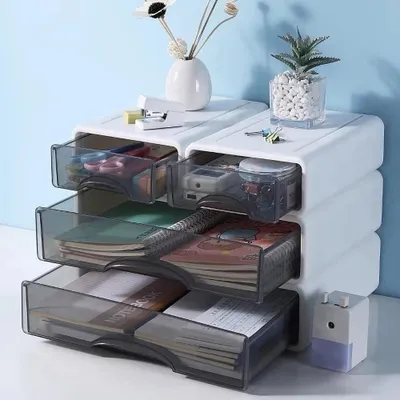 Produktbild von Stapelbarer Schreibtisch-Organizer – 4 Stück für Stifte, Heftklammern, Haftnotizen und A4-Papier.