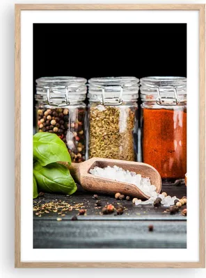 Produktbild von Gerahmtes Poster - Rahmen in heller Eiche - Gewürze Knoblauch Holz Salz - 50x70 cm - Wand Bild - Wanddeko - Wandbilder - Wandposter - Bilderrahmen - Bilder - Kunstdruck - Wandbild - P2NPA50x70-2896