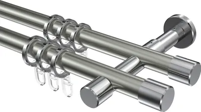 Produktbild von Interdeco Gardinenstange / Vorhangstange Edelstahl-Optik / Chrom, Typ Prestige Santo (Kappe), 20 mm Ø 2-läufig, 360 cm