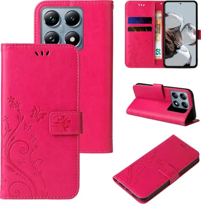 Produktbild von Handyhülle für Xiaomi 14T Pro Floral Blumen Schmetterling Flip Cover Hülle Case Klapphülle Handytasche Farbe: Pink