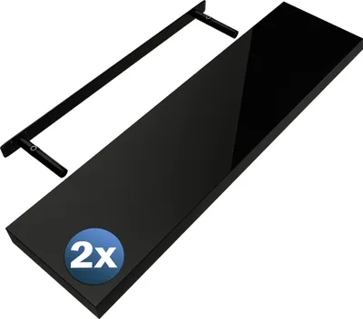 A black shelf and its mounting bracket are shown against a white background.