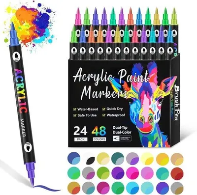 Produktbild von Acrylstifte 48 Farben - Wasserbasierende Markern - Doppelkopf - Für Stein Glas Holz Leinwand und DIY