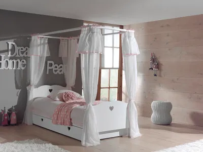 Image de Amori Ensemble lit à baldaquin avec tiroir de lit et rideau textile blanc