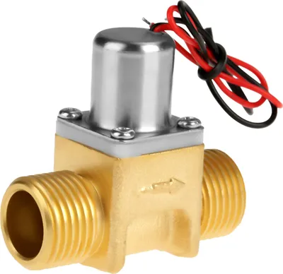 A close-up studio shot of a brass solenoid valve with electrical wires.