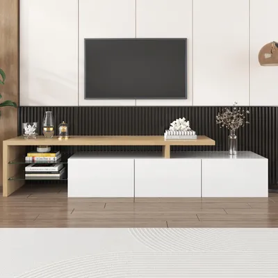 Immagine prodotto di Mobile TV basso MODFU a 3 ante, lunghezza 197,5 cm, mobile TV, mobili da soggiorno, mobile TV con illuminazione a LED per televisori fino a 80 pollici, per soggiorno, sala da pranzo e camera da letto, bianco
