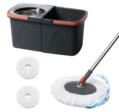 Immagine prodotto di Set di mop Relaxdays, con secchio da 14 litri e sistema di centrifuga, impilabile, dimensioni 25,5 x 26 x 48,5 cm, 2 testine in microfibra triangolari, colore grigio