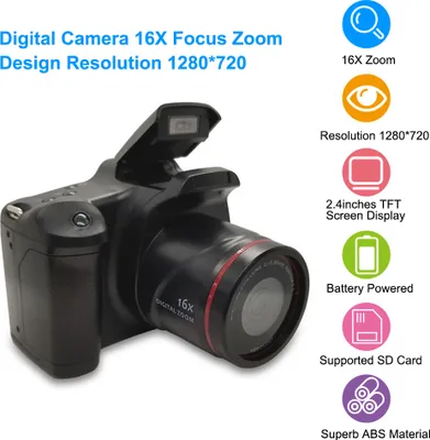 A digital camera with feature callouts and text descriptions.