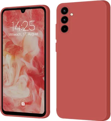 A product shot of a red phone case shown from the front and back.