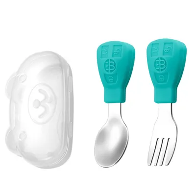 Produktbild von Baby Gabel und Löffel Set Silikongeschirr Set  Esstraining Geschirr Utensilien Babygeschirr Baby Kleinkinder(Grün)