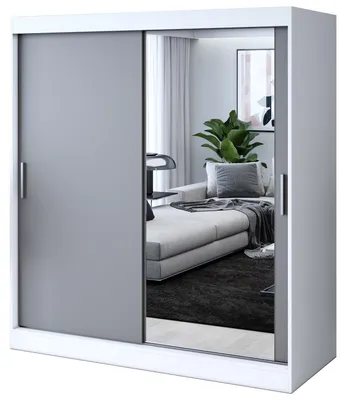 Zdjęcie produktu dla Szafa przesuwna - 180x200cm - Biały Mat / Antracyt Mat- Szafa przesuwna HUGO - z lustrem- do sypialni i garderoby