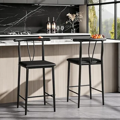 Imagen del producto de Juego de dos taburetes con respaldo, reposapiés y asiento acolchado de Polyurethan– Taburetes de 64 cm de altura para barra, isla de cocina y comedor – color