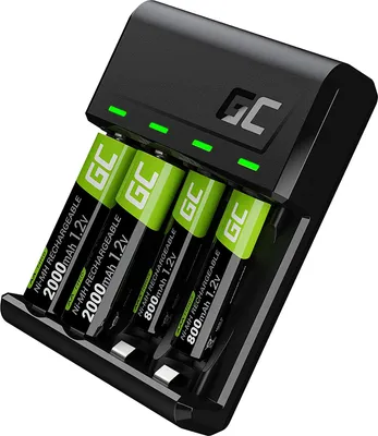 Produktbild von Green Cell VitalCharger Ladegerät + 2X AA 2000mAh + 2X AAA 800mAh für NI-MH AA AAA R6 R03 Mignon Akku. Mit Micro USB-C. 4-Kanal-Ladesystem - lädt ab 1 bis 4 AA oder AAA, LED-Signalisierung